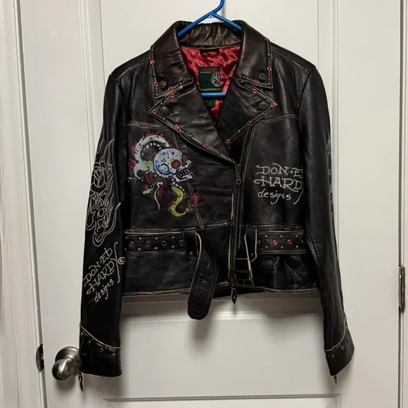 Ed Hardy Black Leather VINTAGE Embroidered Studded Biker Jacket - Picture 1 of 3